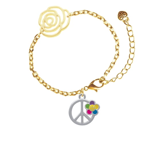 Delight Jewelry Silvertone Large Multicolored Daisy on Peace Sign Gold-tone Flower Link Chain Bracelet, 6.75"+2" Extender
