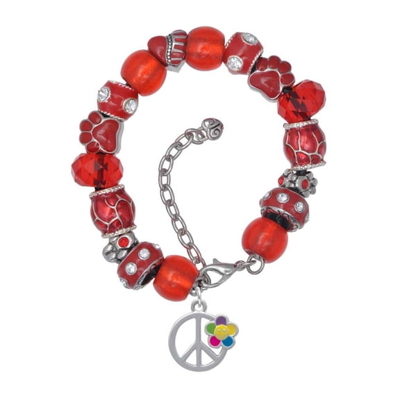 Delight Jewelry Silvertone Large Multicolored Daisy on Peace Sign Red Paw Print Bead Bracelet, 7"+2"