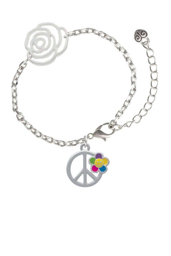 Silvertone Large Multicolored Daisy on Peace Sign Silver-tone Flower Link Chain Bracelet, 6.75"+2" Extender