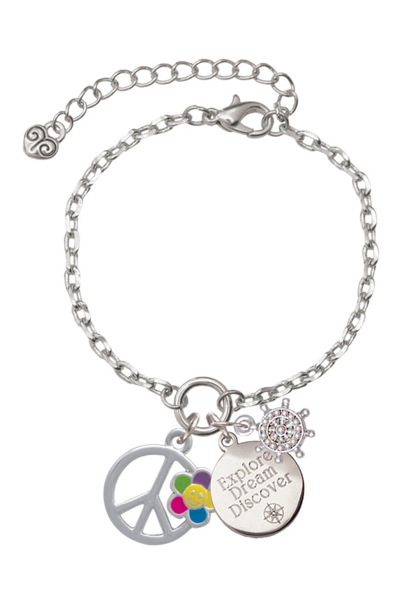 Silvertone Large Multicolored Daisy on Peace Sign Silvertone Discover Dream Explore Zoey Charm Bracelet, 6.5+2" Extender