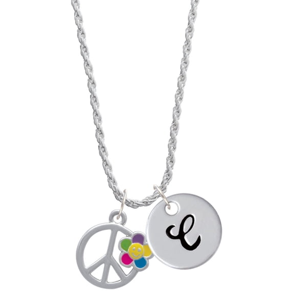 Delight Jewelry Silvertone Large Multicolored Daisy on Peace Sign Silvertone Script Initial Disc - C - Charm Necklace, 20"+3"