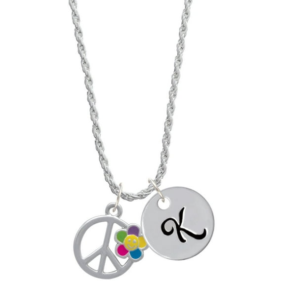 Delight Jewelry Silvertone Large Multicolored Daisy on Peace Sign Silvertone Script Initial Disc - K - Charm Necklace, 20"+3"