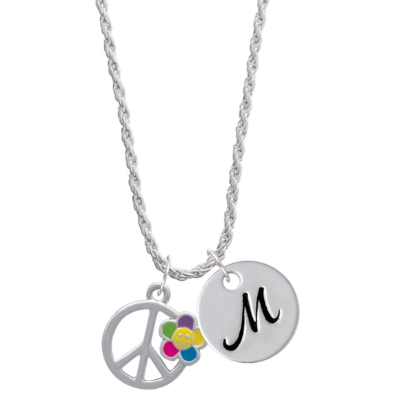 Delight Jewelry Silvertone Large Multicolored Daisy on Peace Sign Silvertone Script Initial Disc - M - Charm Necklace, 20"+3"