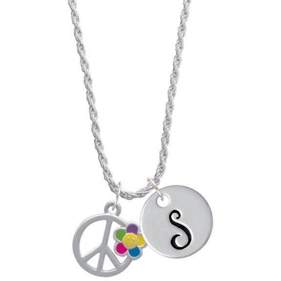 Delight Jewelry Silvertone Large Multicolored Daisy on Peace Sign Silvertone Script Initial Disc - S - Charm Necklace, 20"+3"