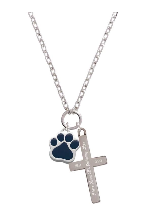 Silvertone Large Navy Blue Paw Everlasting Love Engraved Cross Zoey Necklace, 28"