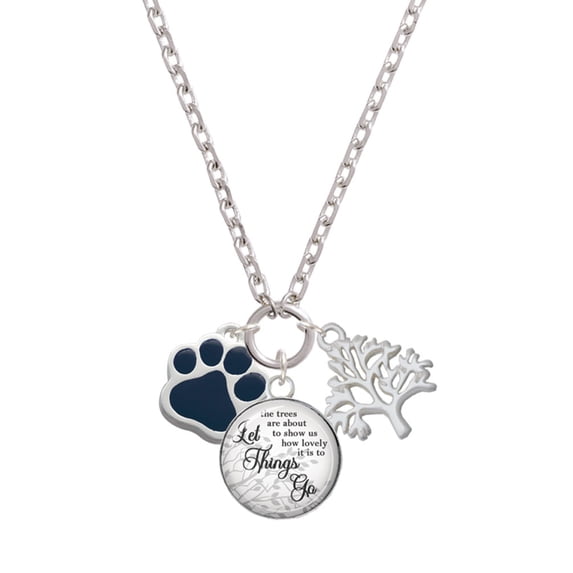 Delight Jewelry Silvertone Large Navy Blue Paw Let Things Go Fall Zoey Charm Necklace, 28"