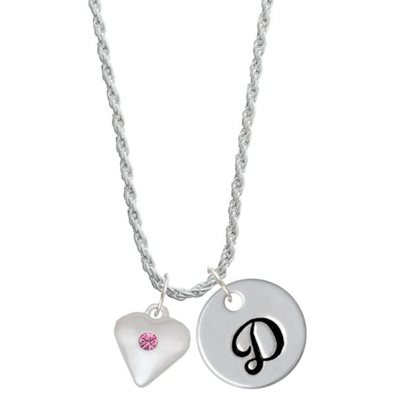 Delight Jewelry Silvertone Large October - Hot Pink Crystal Heart Silvertone Script Initial Disc - D - Charm Necklace, 20"+3"