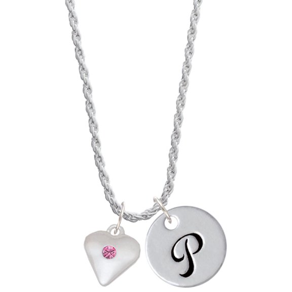 Delight Jewelry Silvertone Large October - Hot Pink Crystal Heart Silvertone Script Initial Disc - P - Charm Necklace, 20"+3"