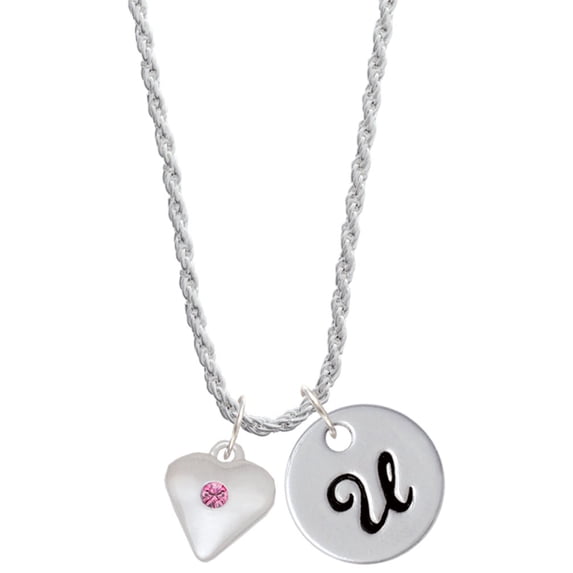 Delight Jewelry Silvertone Large October - Hot Pink Crystal Heart Silvertone Script Initial Disc - U - Charm Necklace, 20"+3"
