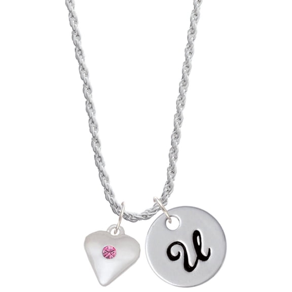 Delight Jewelry Silvertone Large October - Hot Pink Crystal Heart Silvertone Script Initial Disc - U - Charm Necklace, 20"+3"