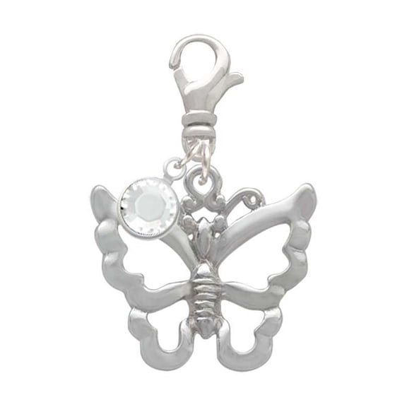 Delight Jewelry Silvertone Large Open Butterfly - Silvertone Clip on Charm with Clear Crystal Drop