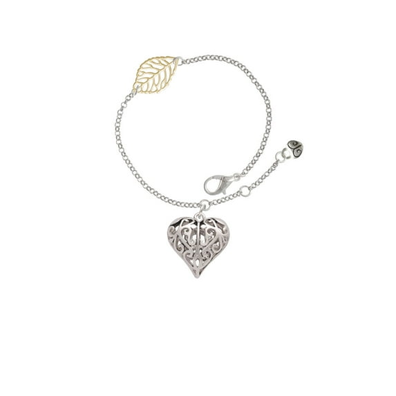 Delight Jewelry Silvertone Large Open Filigree Heart - Goldtone Leaf Delicate Bracelet, 6.25+1.75"