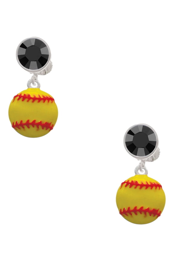 Silvertone Large Optic Yellow Softball Black Crystal Clip on Earrings