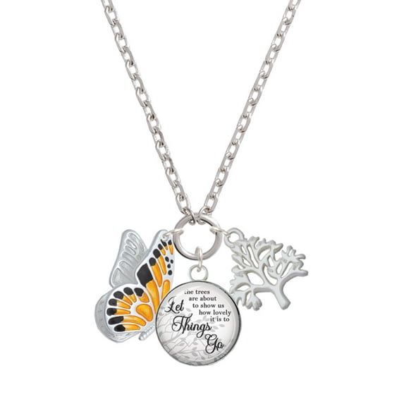 Delight Jewelry Silvertone Large Orange & Black Flying Butterfly Let Things Go Fall Zoey Charm Necklace, 28"