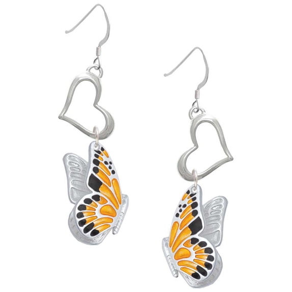 Delight Jewelry Silvertone Large Orange & Black Flying Butterfly Open Heart French Earrings