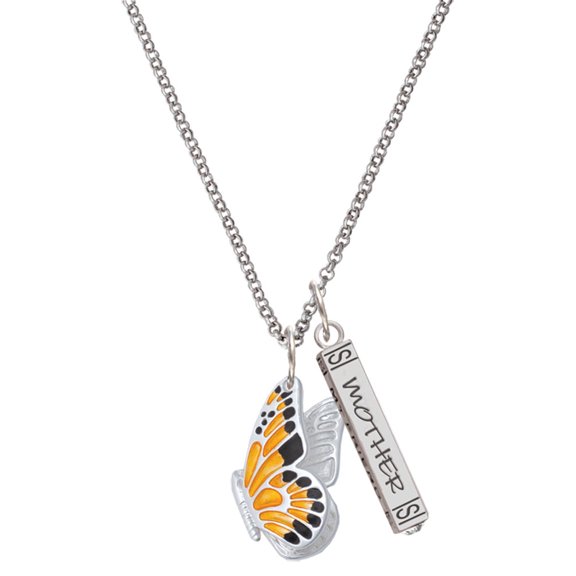 Delight Jewelry Silvertone Large Orange & Black Flying Butterfly Silvertone Mother Daughter Bar Charm Necklace, 23"