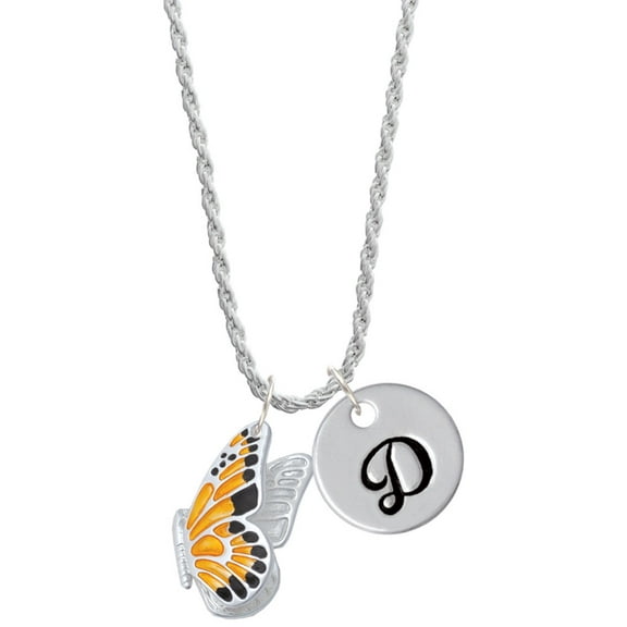 Delight Jewelry Silvertone Large Orange & Black Flying Butterfly Silvertone Script Initial Disc - D - Charm Necklace, 20"+3"