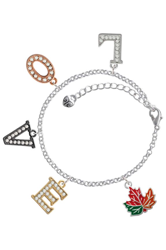 Silvertone Large Orange Fall Leaf Multi-Colored Crystal Love Charm Bracelet