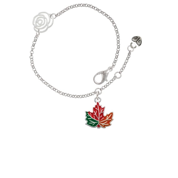 Delight Jewelry Silvertone Large Orange Fall Leaf Silver-tone Rose Link Chain Bracelet, 6.25"+1.75" Extender