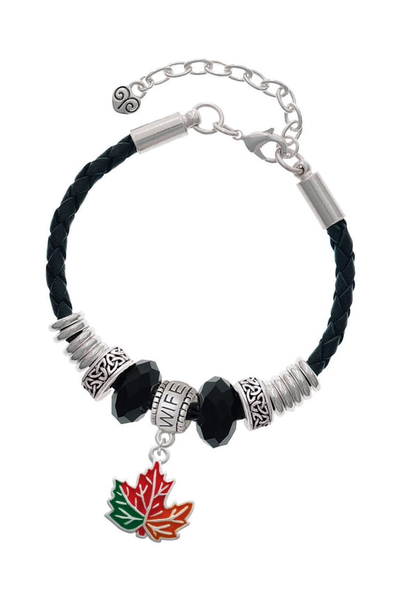 Silvertone Large Orange Fall Leaf Wife Celtic Knot Leather Bead Bracelet, 7"+2" Extender