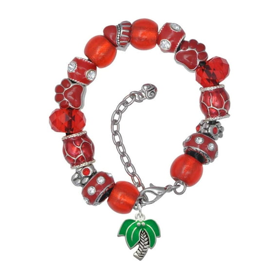 Delight Jewelry Silvertone Large Palm Tree Red Paw Print Bead Bracelet, 7"+2"