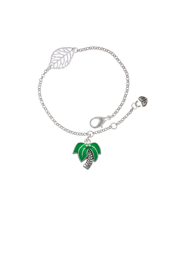 Silvertone Large Palm Tree - Silvertone Leaf Delicate Bracelet, 6.25+1.75"