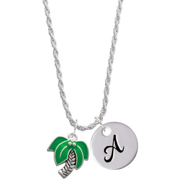 Delight Jewelry Silvertone Large Palm Tree Silvertone Script Initial Disc - A - Charm Necklace, 20"+3"