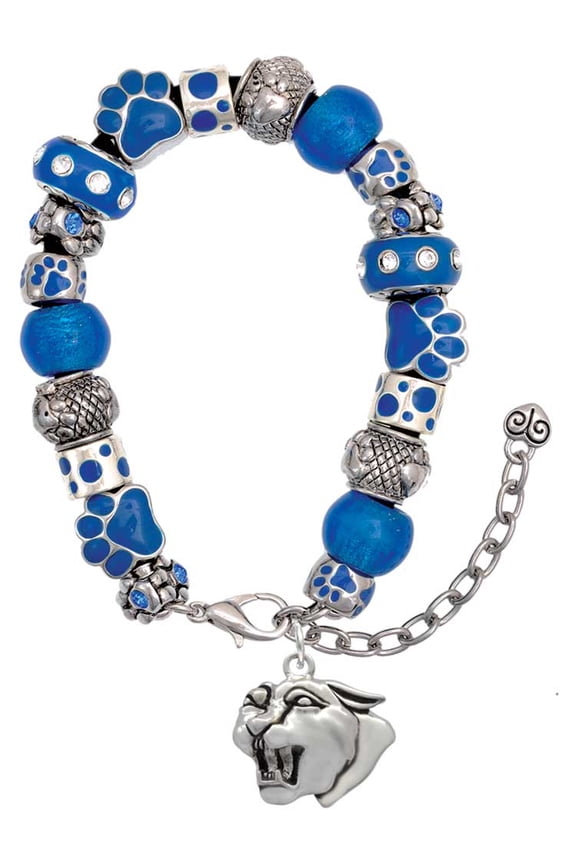 Silvertone Large Panther - Mascot Blue Paw Print Bead Bracelet, 7"+2"