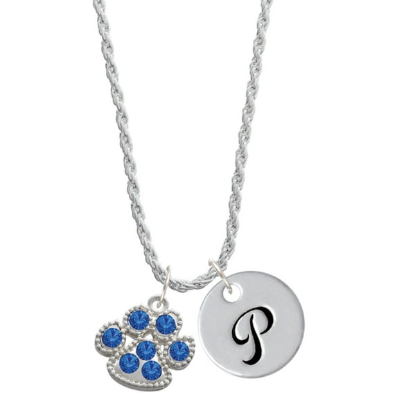 Delight Jewelry Silvertone Large Paw with Blue Crystals Silvertone Script Initial Disc - P - Charm Necklace, 20"+3"