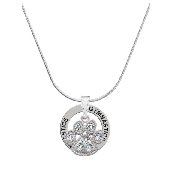 Delight Jewelry Silvertone Large Paw with Clear Crystals Gymnastics Ring Charm Necklace, 18"