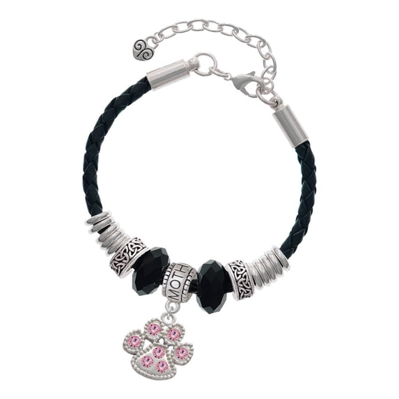 Delight Jewelry Silvertone Large Paw with Light Pink Crystals Mother Celtic Knot Leather Bead Bracelet, 7"+2" Extender