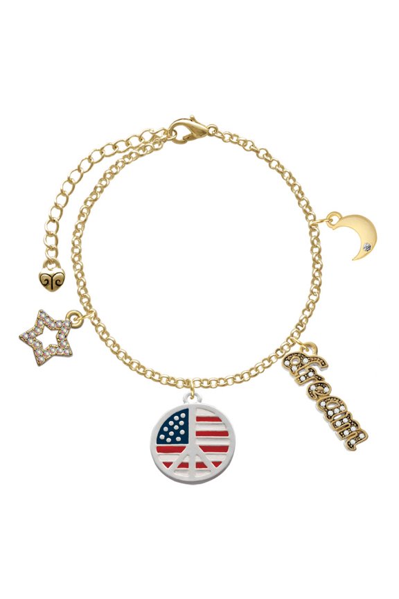 Silvertone Large Peace Sign with USA Flag Goldtone Dream Big Charm Bracelet, 7.5+2" Extender
