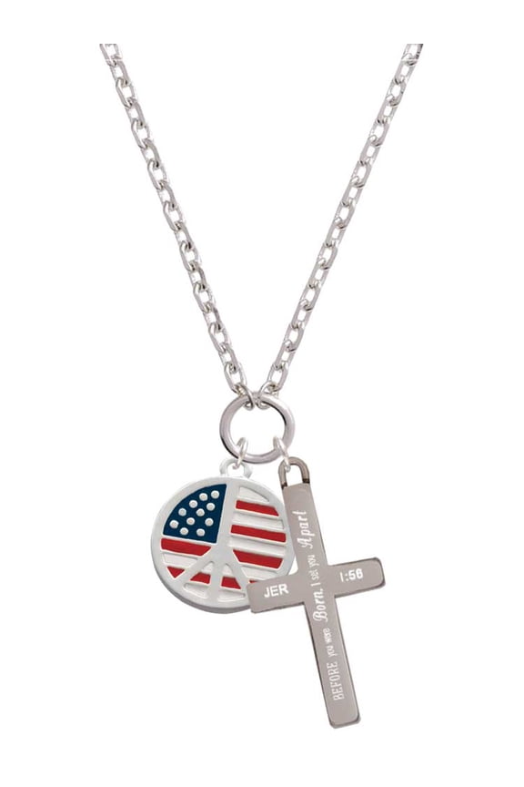 Silvertone Large Peace Sign with USA Flag I Set You Apart Engraved Cross Zoey Necklace, 28"