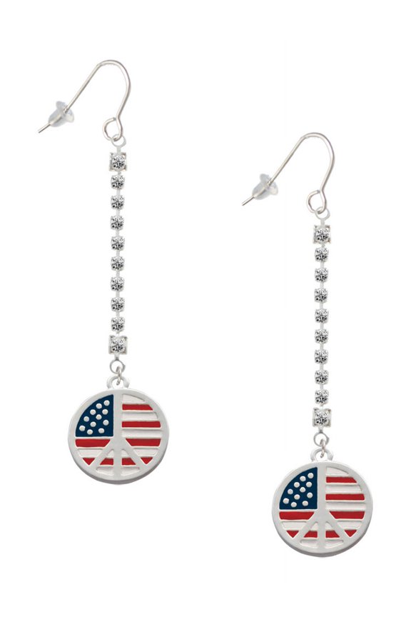 Silvertone Large Peace Sign with USA Flag - Silver-tone Long Sparkle Dangle French Earrings