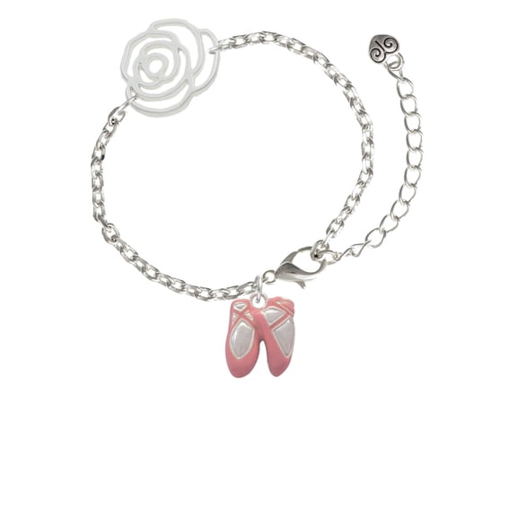 Delight Jewelry Silvertone Large Pink Ballet Slippers Silver-tone Flower Link Chain Bracelet, 6.75"+2" Extender