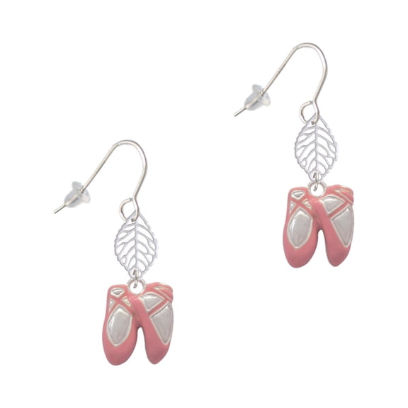 Delight Jewelry Silvertone Large Pink Ballet Slippers Silvertone Leaf French Earrings
