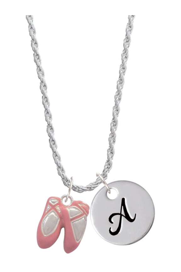 Silvertone Large Pink Ballet Slippers Silvertone Script Initial Disc - A - Charm Necklace, 20"+3"