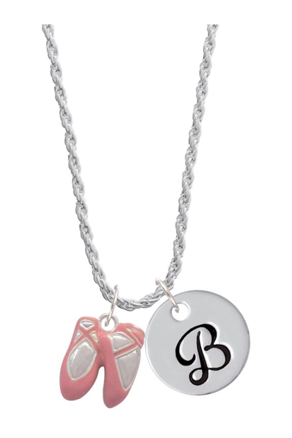 Silvertone Large Pink Ballet Slippers Silvertone Script Initial Disc - B - Charm Necklace, 20"+3"