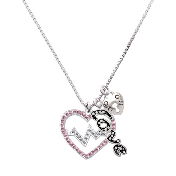 Delight Jewelry Silvertone Large Pink Crystal Heart with Clear Heartbeat - Love and Lock Charm Necklace, 18"+1"