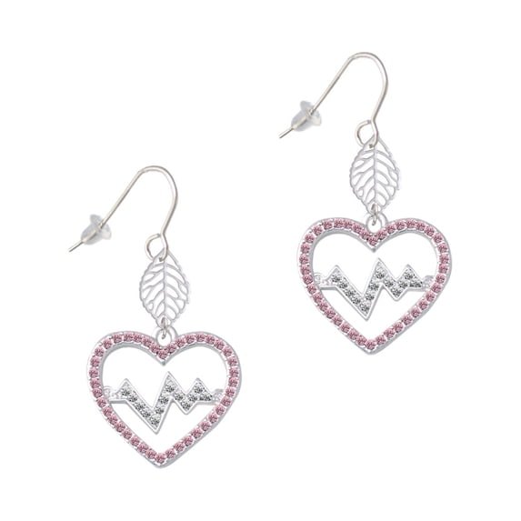 Delight Jewelry Silvertone Large Pink Crystal Heart with Clear Heartbeat Silvertone Leaf French Earrings