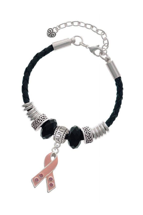 Silvertone Large Pink Ribbon with Crystals Aunt Celtic Knot Leather Bead Bracelet, 7"+2" Extender