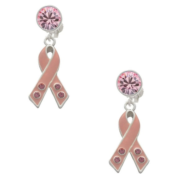 Delight Jewelry Silvertone Large Pink Ribbon with Crystals Pink Crystal Clip on Earrings