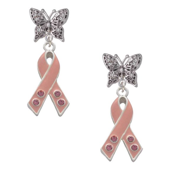 Delight Jewelry Silvertone Large Pink Ribbon with Crystals Silvertone Antiqued Butterfly Post Earrings
