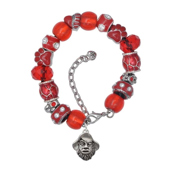 Delight Jewelry Silvertone Large Pirate - Mascot Red Paw Print Bead Bracelet, 7"+2"