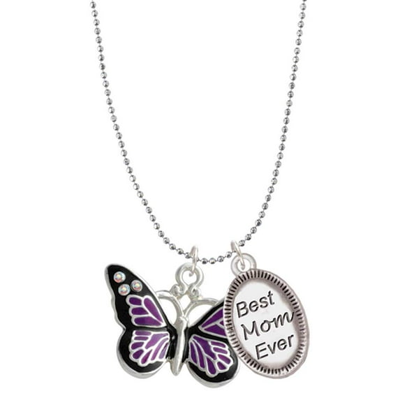 Delight Jewelry Silvertone Large Purple Butterfly with 6 AB Crystals Best Mom Ever Charm Necklace