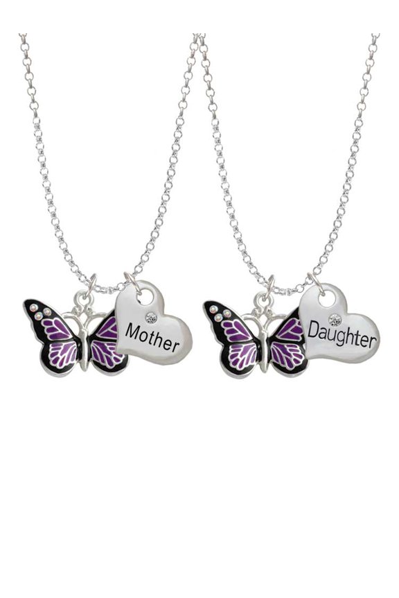 Silvertone Large Purple Butterfly with 6 AB Crystals Mother & Daughter Heart Necklaces (Set of 2), 19"+2"