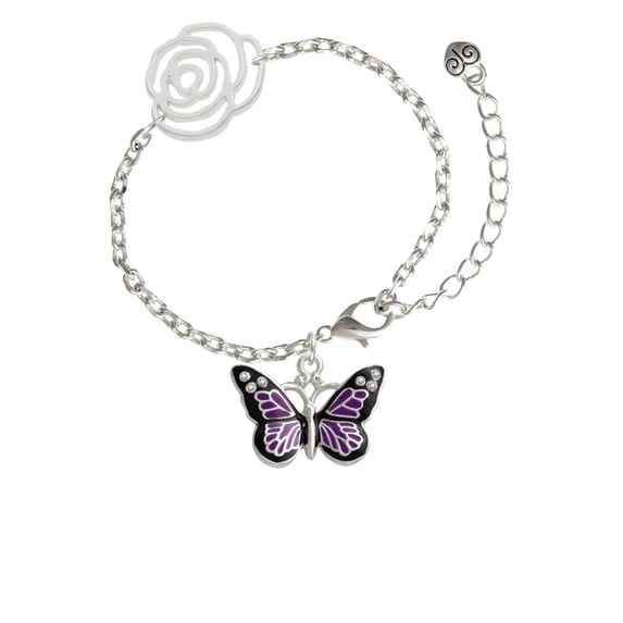 Delight Jewelry Silvertone Large Purple Butterfly with 6 AB Crystals Silver-tone Flower Link Chain Bracelet, 6.75"+2" Extender