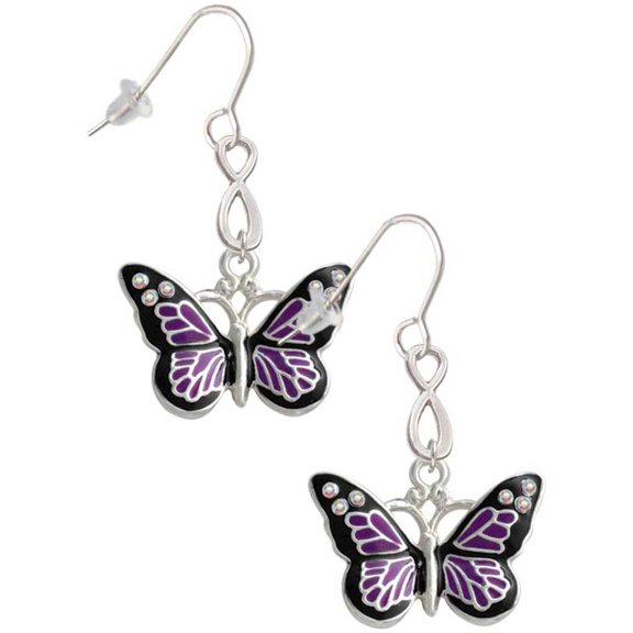 Delight Jewelry Silvertone Large Purple Butterfly with 6 AB Crystals Silver tone Infinity French Earrings