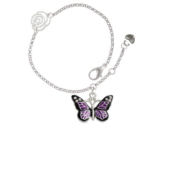Delight Jewelry Silvertone Large Purple Butterfly with 6 AB Crystals Silver-tone Rose Link Chain Bracelet, 6.25"+1.75" Extender