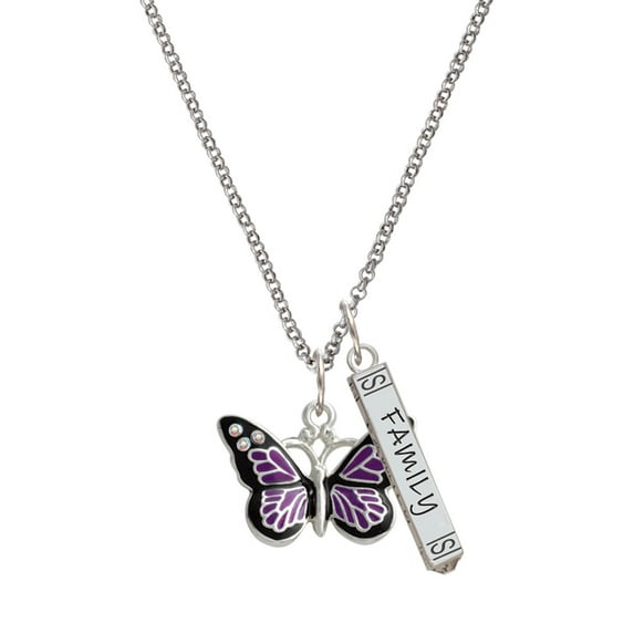 Delight Jewelry Silvertone Large Purple Butterfly with 6 AB Crystals Silvertone Family Bar Charm Necklace, 23"